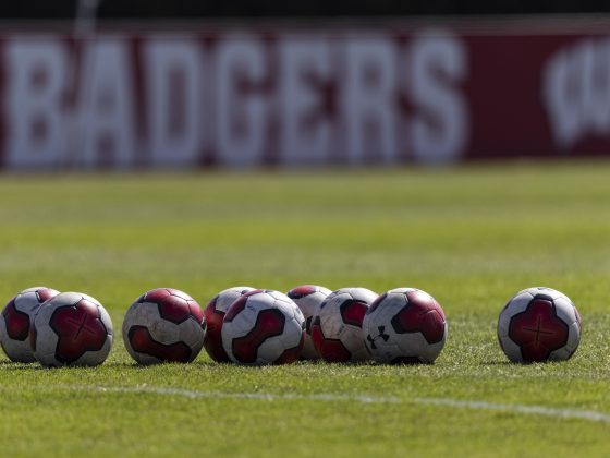 Photos of soccer balls on grass at Wisconsin Badgers McClimon soccer field