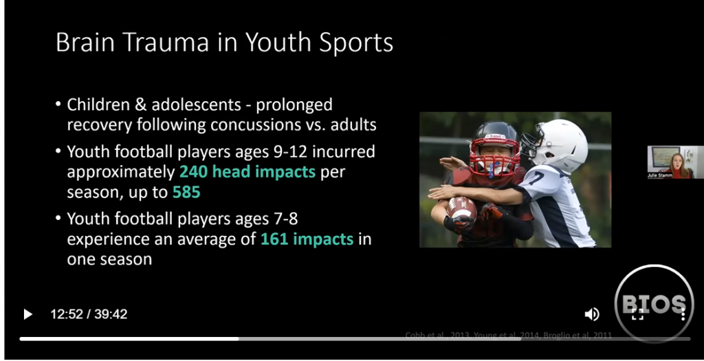 Screenshot of a slide of a virtual presentation. The PowerPoint slide has a picture of two youth football players colliding. One player is in black, holding the football, while the other player is in white. 
