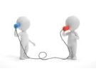 Clip art graphic of two bodies standing side by side. They are communicating through a cord and two cups. The body on the left is holding the cup to the ear and the body on the right is holding the cup to the mouth. 