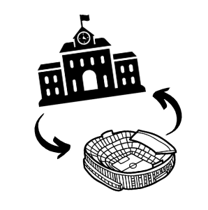 Clip art picture of a school building and a stadium. The school building is at the top of the page and the stadium is at the bottom of the page. On the left side of the page is an arrow pointing towards the stadium and on the right is an arrow pointing towards the school. All clip art items are in a circle.