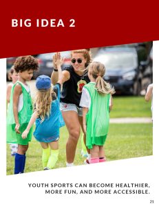 Cover page for Big Idea 2. A female coach in a black shirt high-fives a young girl in a blue jersey during a youth soccer practice on a grass field.