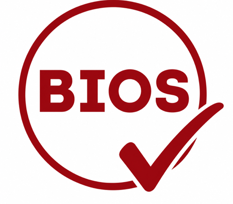 Pictured is the BIOS verified logo. In red color and font reads the letters BIOS with a red circle around the letters. Embedded partially in the circle is a red check mark.