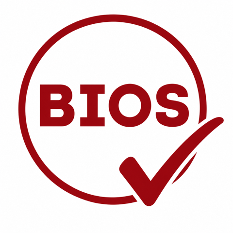 Pictured is the BIOS verified logo. In red color and font reads the letters BIOS with a red circle around the letters. Embedded partially in the circle is a red check mark.